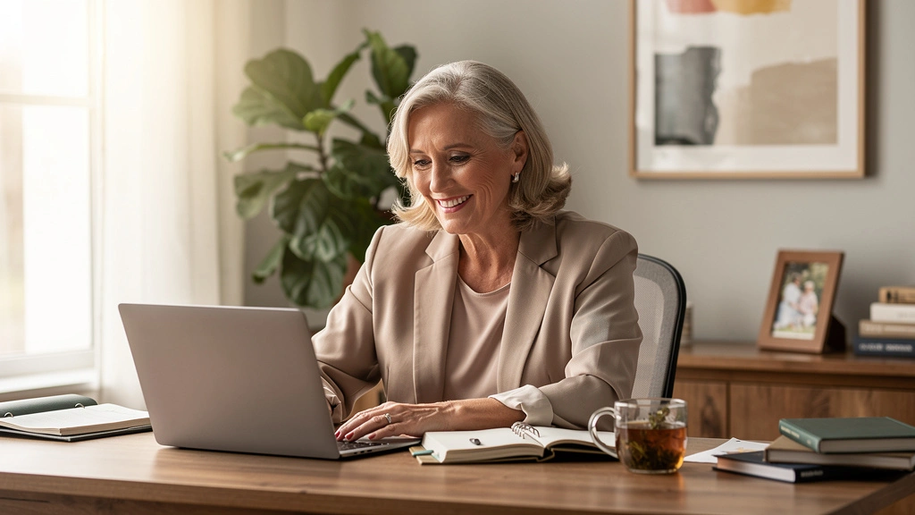 Healthy aging concept showing an active older woman working comfortably, representing long-term healthspan and vitality